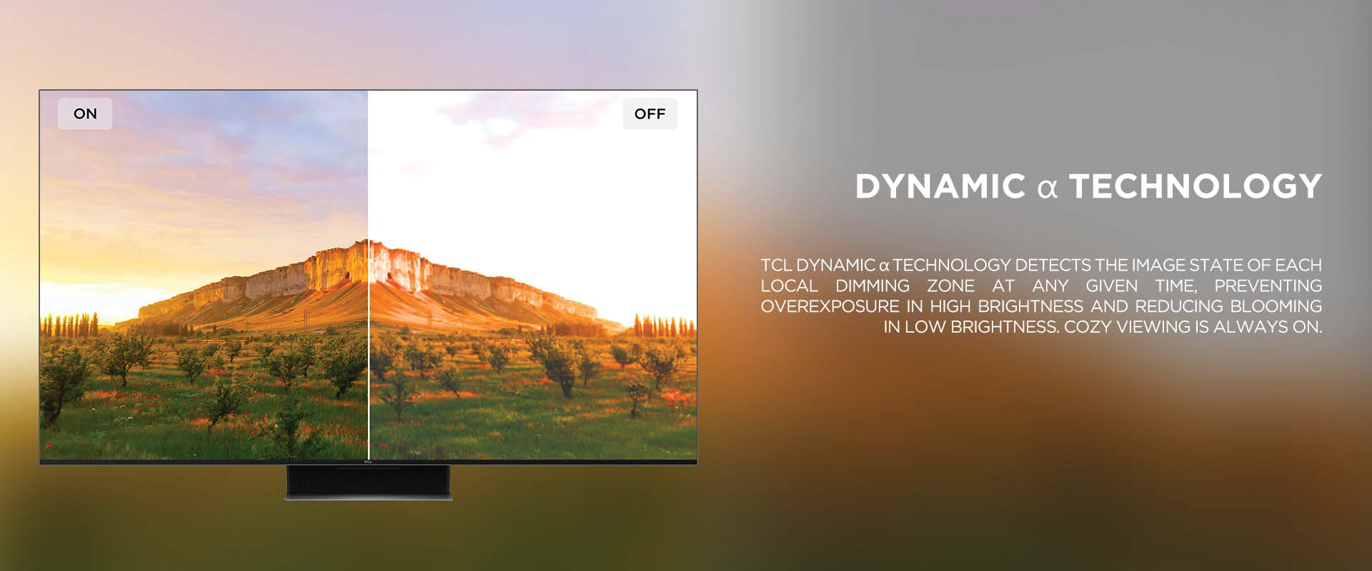 Dynamic α Technology - TCL Dynamic α Technology detects the image state of each local dimming zone at any given time, preventing overexposure in high brightness and reducing blooming in low brightness. Cozy Viewing is always on.